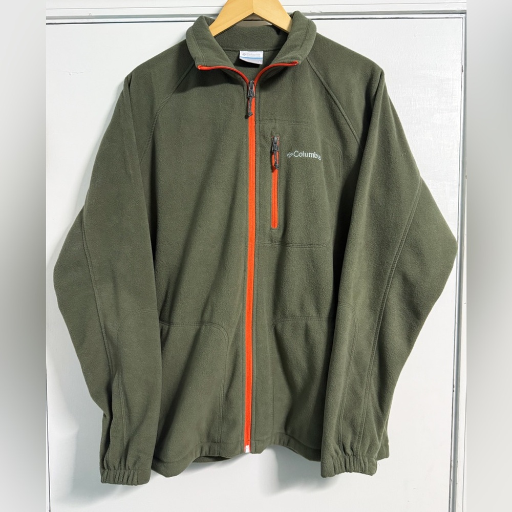 Columbia Men’s L Olive Full Zip Fleece Jacket Orange Trim